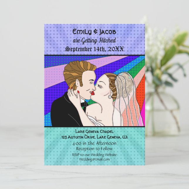 Pop Art Retro Couple Wedding Einladung (Stehend Vorderseite)