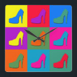 Pop art shoes quadratische wanduhr<br><div class="desc">Illustration of high-heel shoes on colorful tiled background</div>