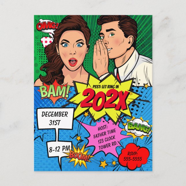 Pop Art Silvester Party Comic Postkarte (Vorderseite)