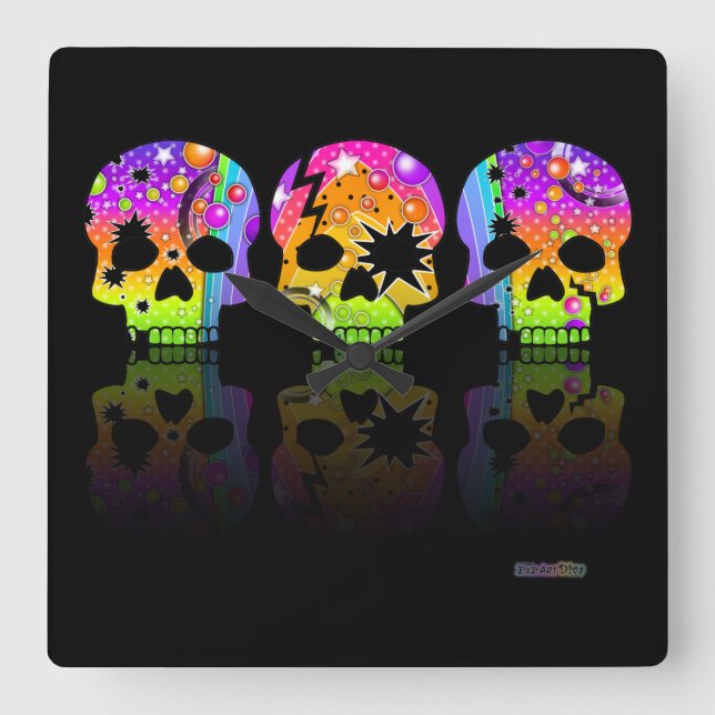 Pop Art SKULLS WALL CLOCK Quadratische Wanduhr (Vorderseite)