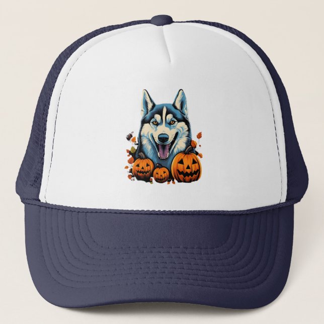 Pop Art Smilling Husky Hund mit Pumpkins Halloween Truckerkappe (Vorderseite)