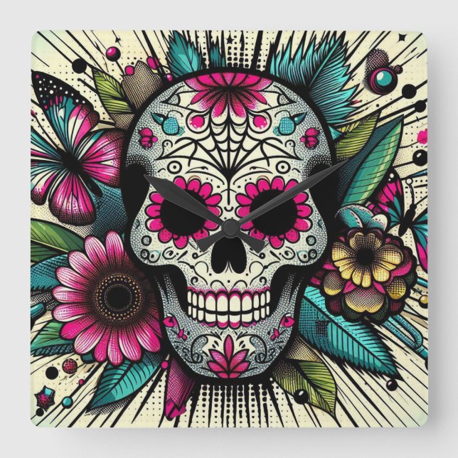 Pop Art Sugar Skull Quadratische Wanduhr (Vorderseite)