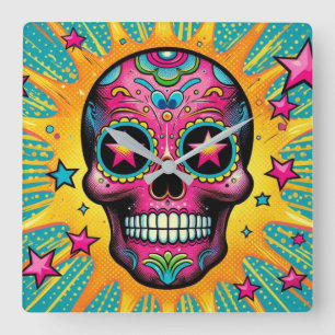 Pop Art Sugar Skull Quadratische Wanduhr