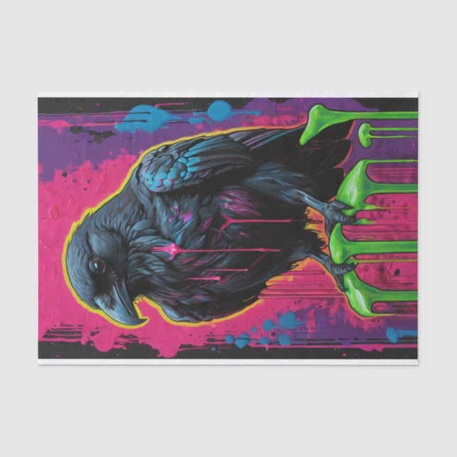 Pop Art Surrealismus Schwarz und Neon Raven Decoup Seidenpapier (Vorderseite)