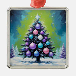 Pop Art Synthwave Weihnachten mit Acid Green Viole Ornament Aus Metall