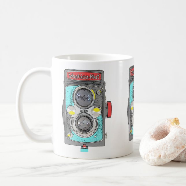 Pop Art Vintag Camera. Kaffeetasse (Mit Donut)