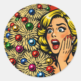 Pop-Art-Weihnachten, schockierter Gesichtsausdruck Runder Aufkleber