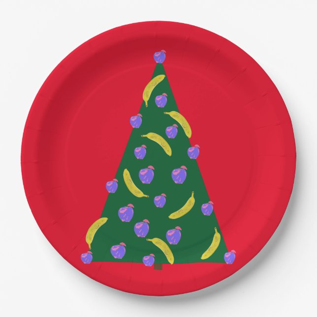 Pop Art Weihnachtsbaum mit Äpfeln & Bananen Rot Pappteller (Vorderseite)