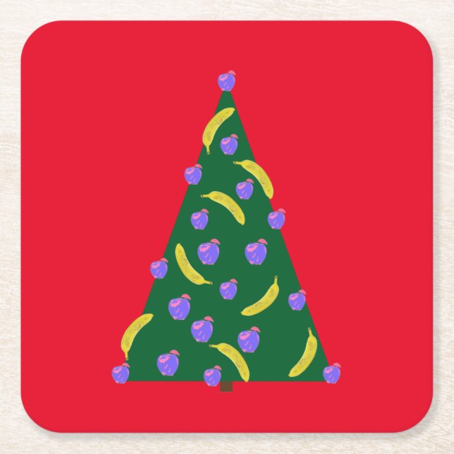Pop Art Weihnachtsbaum mit Äpfeln & Bananen Rot Rechteckiger Pappuntersetzer (Vorderseite)
