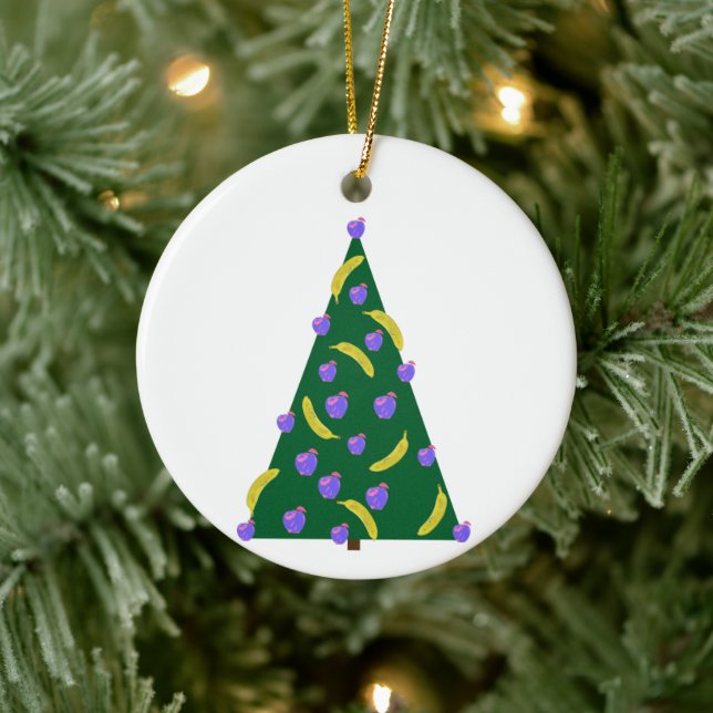 Pop Art Weihnachtsbaum mit Äpfeln und Bananen Keramik Ornament (Baum)