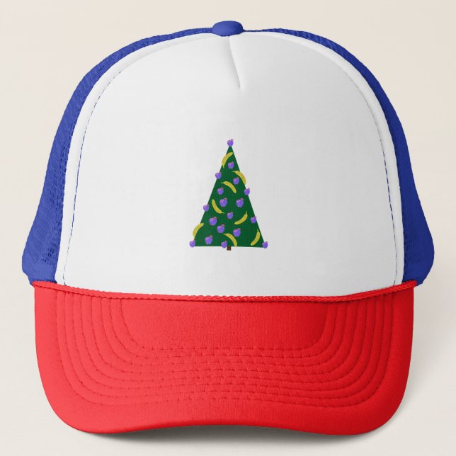 Pop Art Weihnachtsbaum mit Äpfeln und Bananen Truckerkappe (Vorderseite)