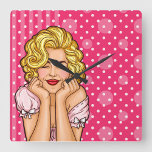 Pop Art Woman Dreaming Quadratische Wanduhr<br><div class="desc">Pretty Blonde Dreaming with Polka Dots background</div>