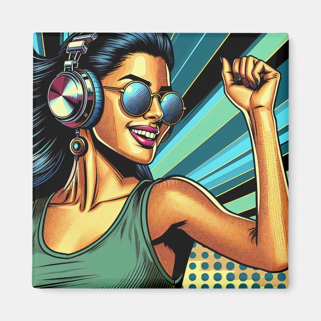Pop Art Woman in Kopfhörern tanzen Magnet (Vorne)