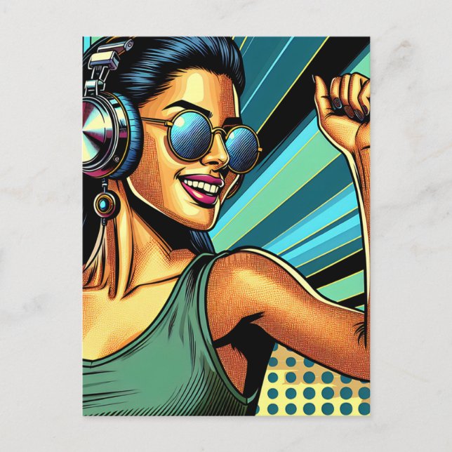 Pop Art Woman in Kopfhörern tanzen Postkarte (Vorderseite)