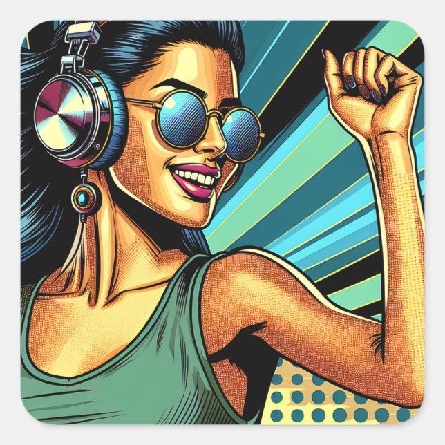 Pop Art Woman in Kopfhörern tanzen Quadratischer Aufkleber (Vorderseite)