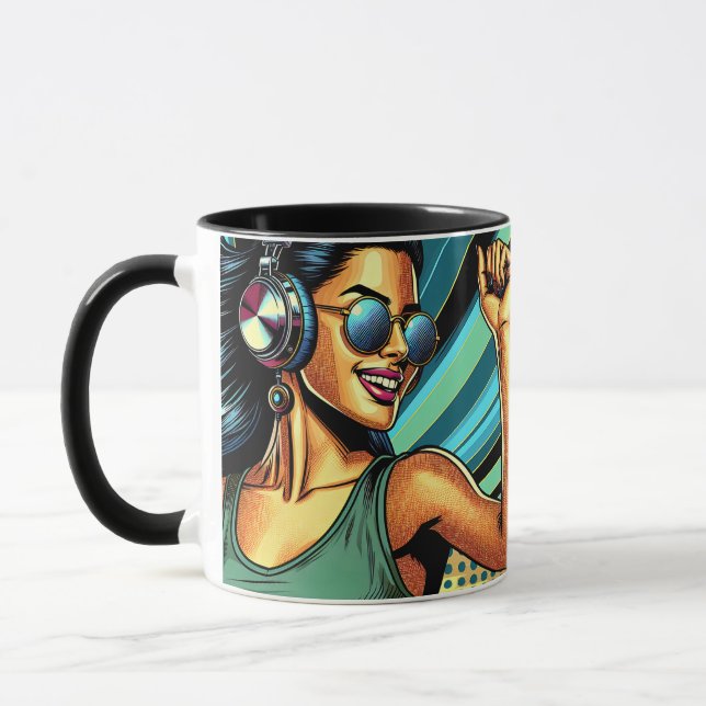 Pop Art Woman in Kopfhörern tanzen Tasse (Links)
