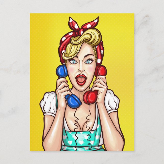 Pop Art Woman on Two Phones Postcard Postkarte (Vorderseite)