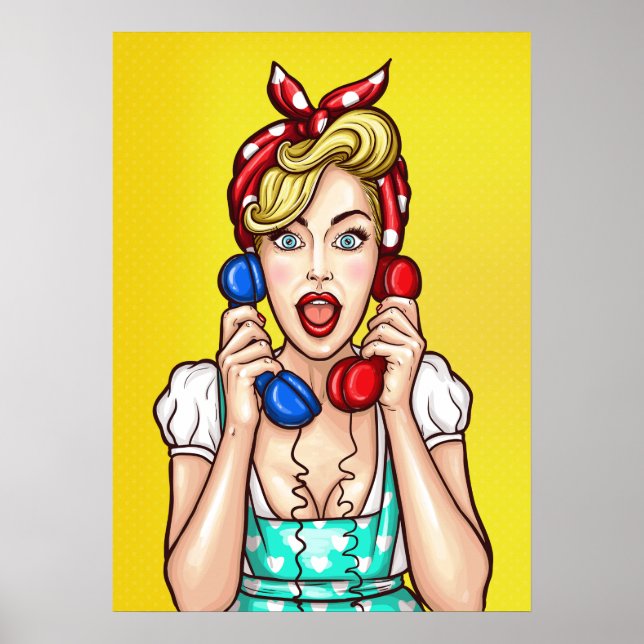 Pop Art Woman on Two Phones Poster (Vorne)