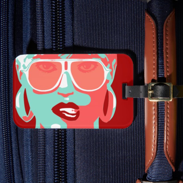 Pop Art Woman White Sunglasses Bitten der Roten Li Gepäckanhänger (Vorderseite Insitu 4)