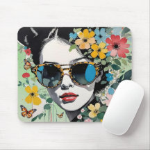 Pop Art Woman's Face Floral mit Schmetterlingen