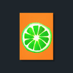 Pop Art Zitrusfrüchte Limone Früchte Original Aqua Leinwanddruck<br><div class="desc">Eine niedliche und farbenfrohe,  grüne Limone Fruchtscheibe aus einem Originalgemälde der Künstlerin Sacha Grossel. Dieses große Fruchtstück im Pop ist grün,  sehr hell und farbenfroh,  vor einem leicht orangefarbenen Hintergrund. Quirkisch und originell.</div>