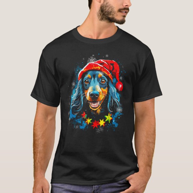 Pop Artist Dachshund Dog Christmas T-Shirt (Vorderseite)