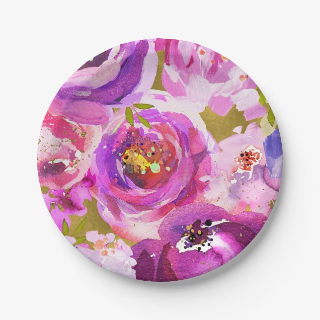 Pop aus rosa Lila Gold Moderne, trendige, florale  Pappteller (Vorderseite)