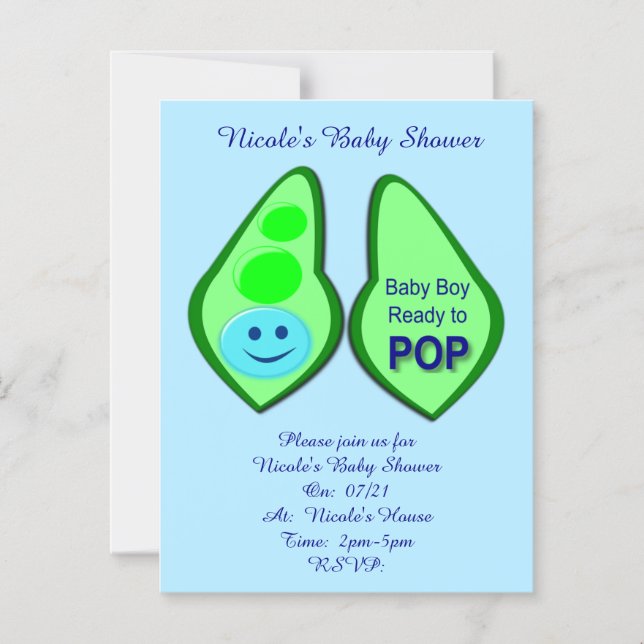 Pop Baby Boy Blue Pea Baby Dusche nach Maß Magneteinladung (Vorderseite)
