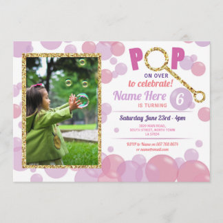 POP Blasen-lila Geburtstags-Rosa-Foto-Glitzer-Gold Einladung