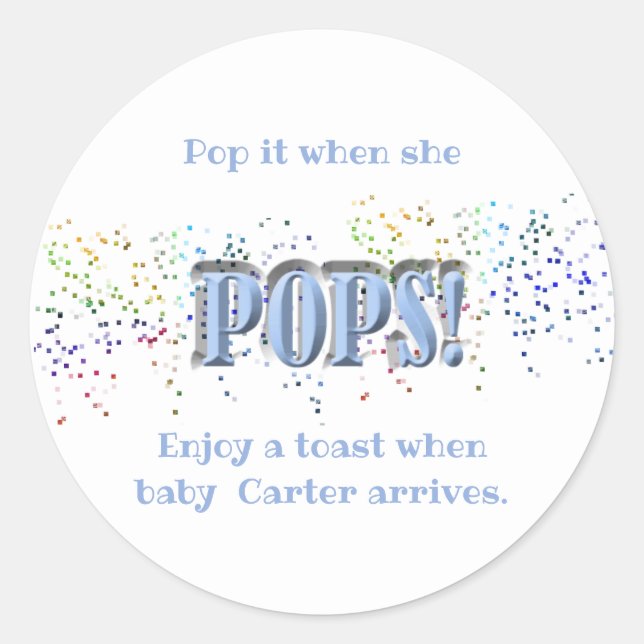 Pop! Blau, Babydusche, Wein, Champagner Runder Aufkleber (Vorderseite)