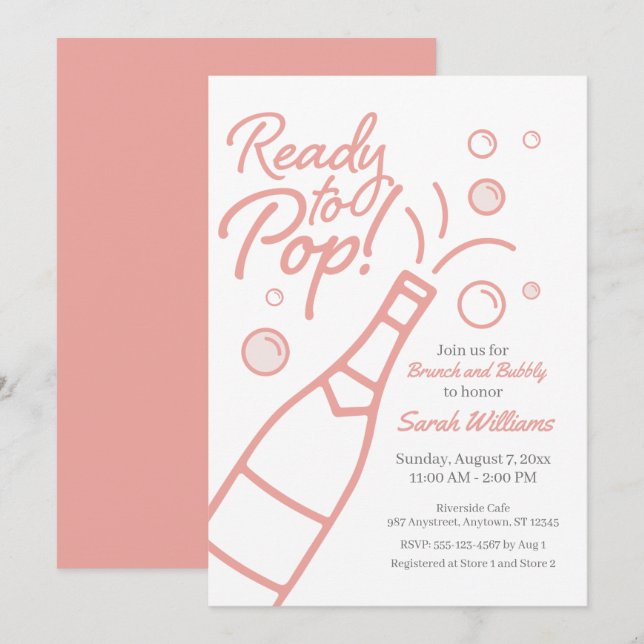 Pop Brunch und Bubbly Rosé Baby Dusche Einladung (Vorne/Hinten)