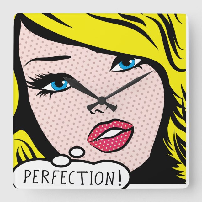 Pop der Acrylmauer "PERFECTION". Quadratische Wanduhr (Vorderseite)