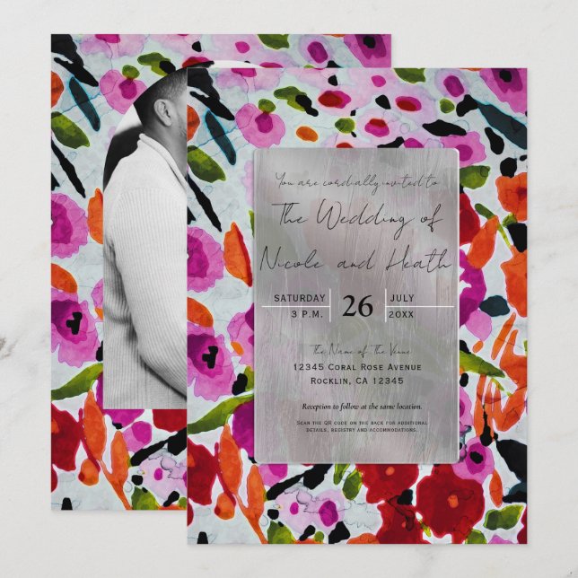 Pop der farbigen, krautfarbenen Blume Hochzeit Einladung (Vorne/Hinten)