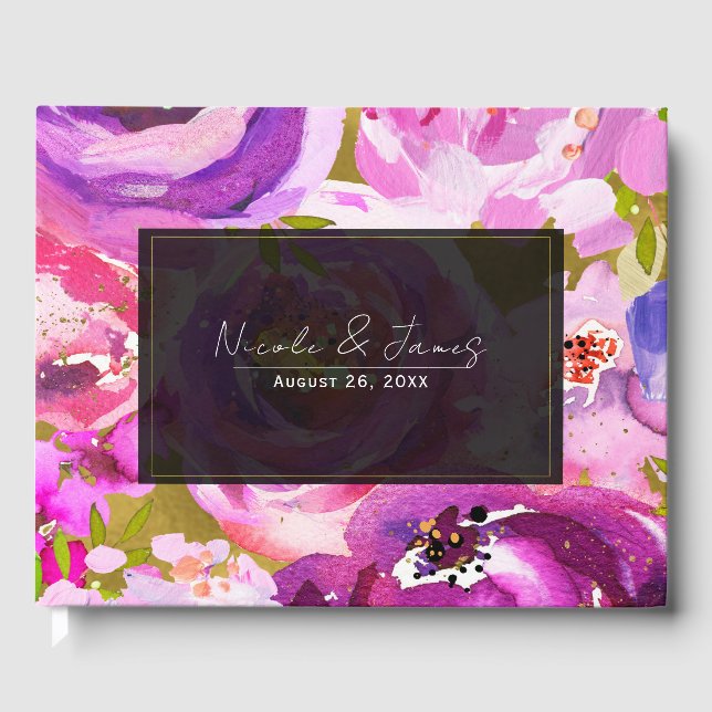 Pop der rosa und Lila, lebhaften Blumenhochzeit Gästebuch (Vorderseite)