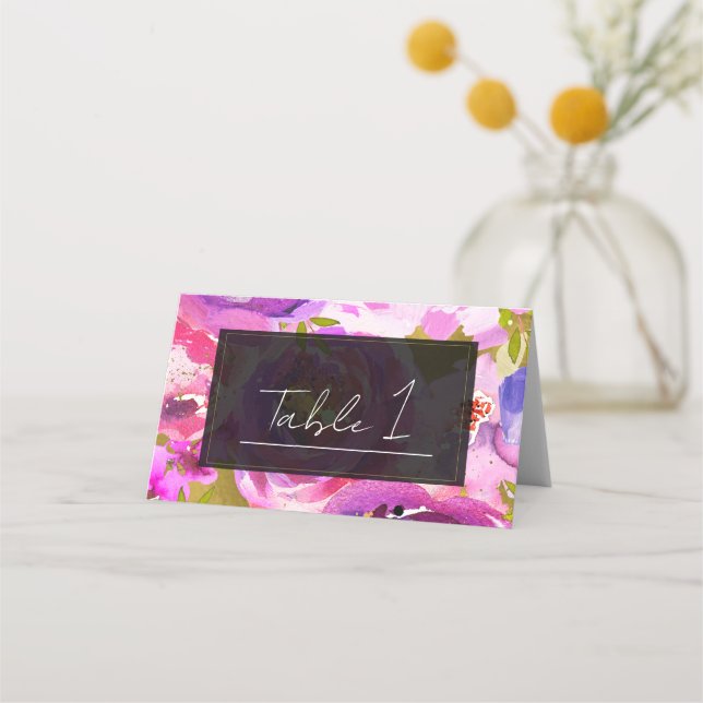 Pop der rosa und Lila, lebhaften Blumenhochzeit Platzkarte (Vorderseite)