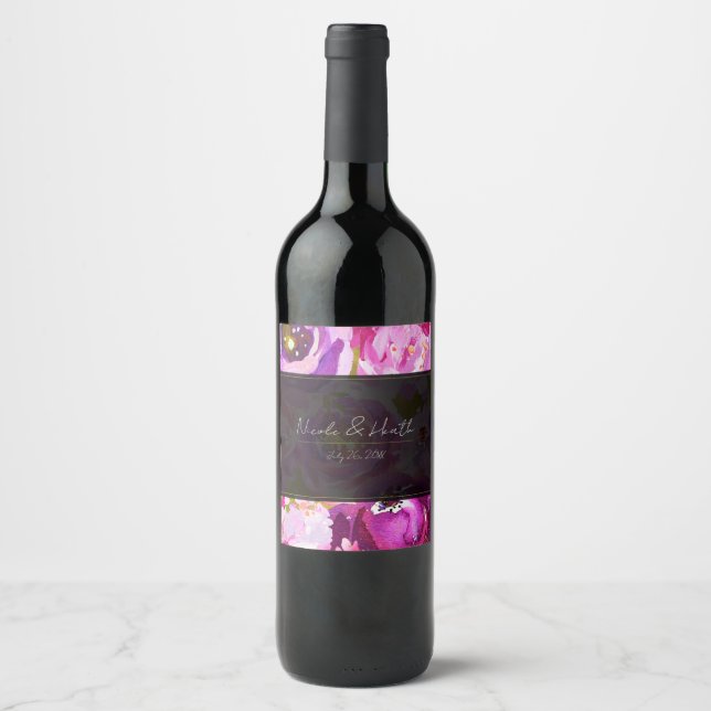 Pop der rosa und Lila, lebhaften Blumenhochzeit Weinetikett (Vorderseite)