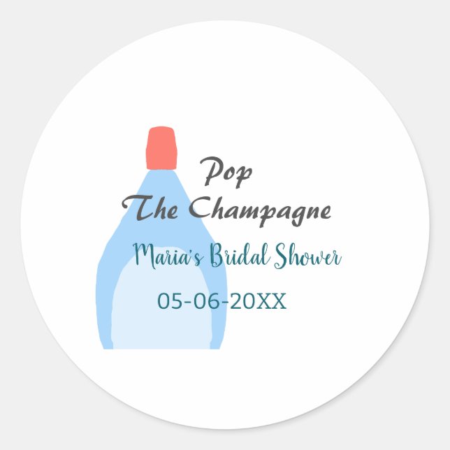 Pop des Champagner-blauen Brautparty Name Datum hi Runder Aufkleber (Vorderseite)