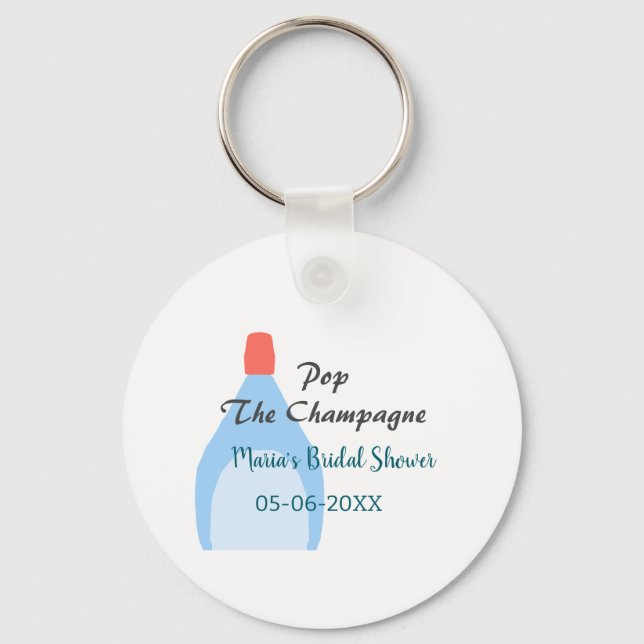 Pop des Champagner-blauen Brautparty Name Datum hi Schlüsselanhänger (Vorderseite)