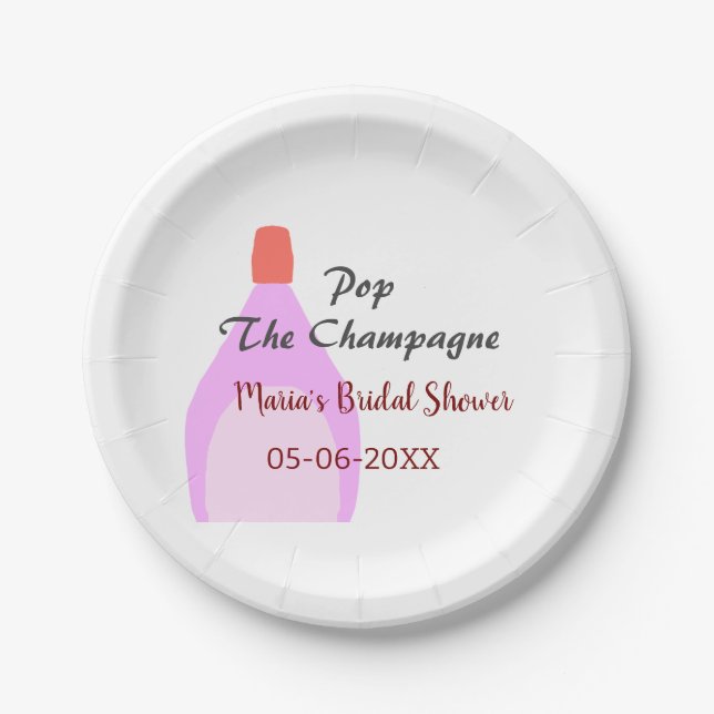 Pop des Champagner-Rosa Brautparty Name Datum hinz Pappteller (Vorderseite)