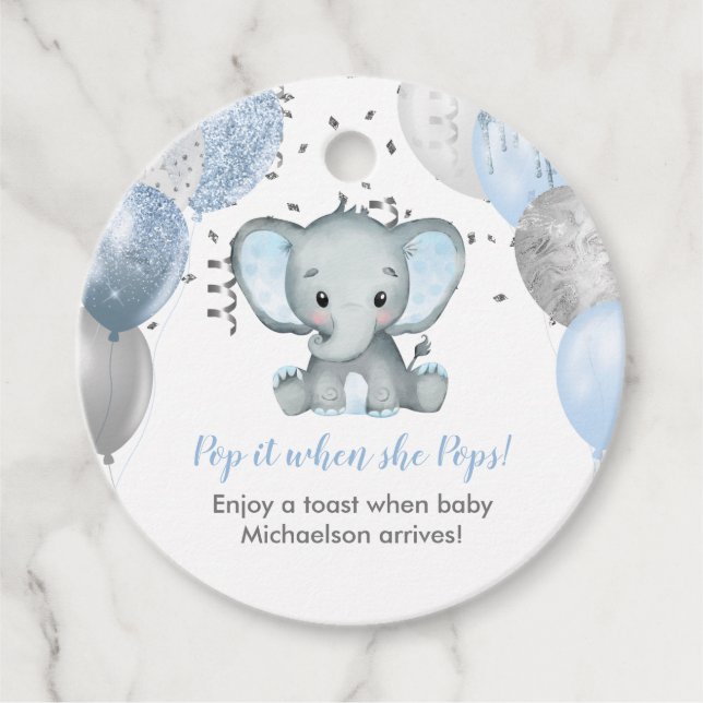 Pop es, wenn sie Blue Elephant Baby Dusche Pop Geschenkanhänger (Vorderseite)