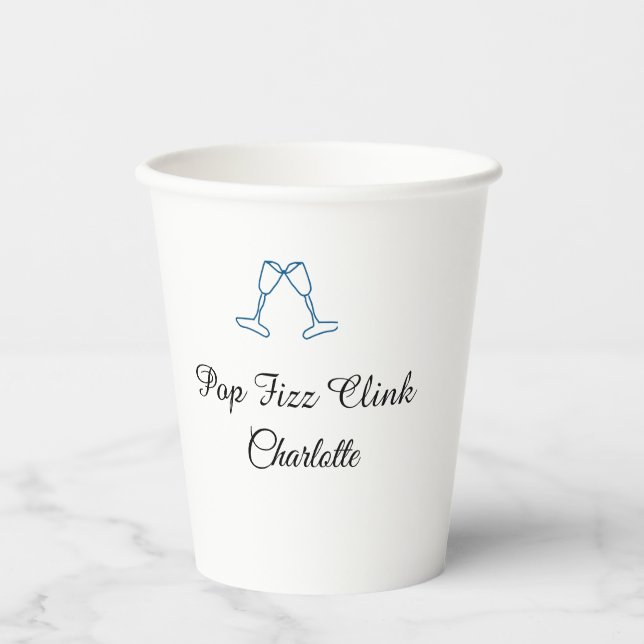 Pop fizz clink blue champagne bottle new year pappbecher (Vorderseite)