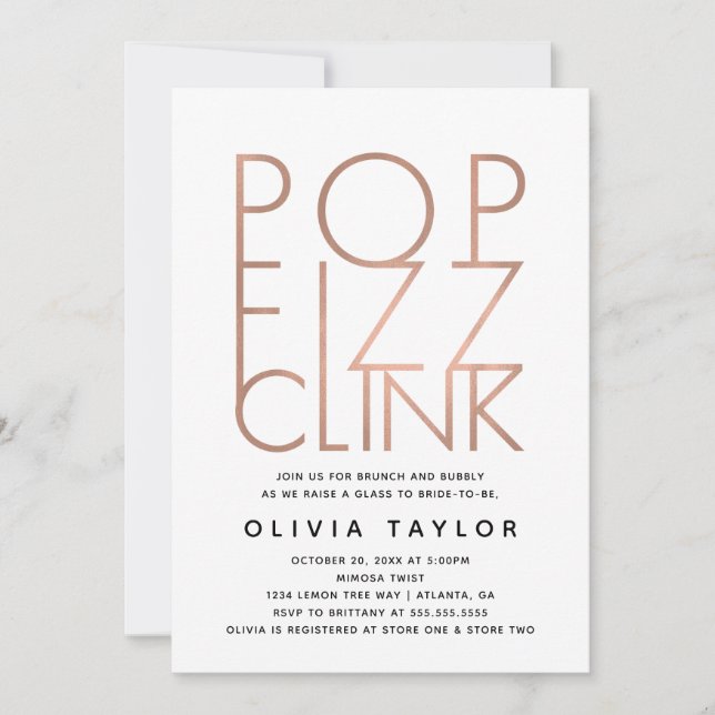 Pop Fizz Clink Bridal Dusche Einladung, Rose Gold Einladung (Vorderseite)