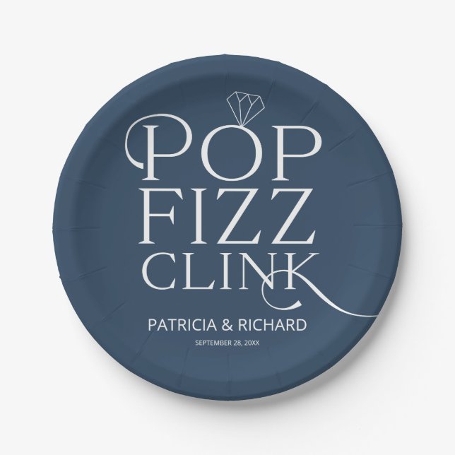 Pop Fizz Clink Engagement Party Blau Pappteller (Vorderseite)