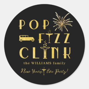 Pop Fizz Clink Gold Typografie Silvester Runder Aufkleber