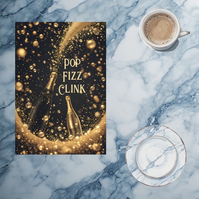 Pop Fizz Clink Mitternachtsgold Champagnerblasen  Geschirrtuch (Pop Fizz Clink Midnight Gold Champagne Bubbles Kitchen Towel)