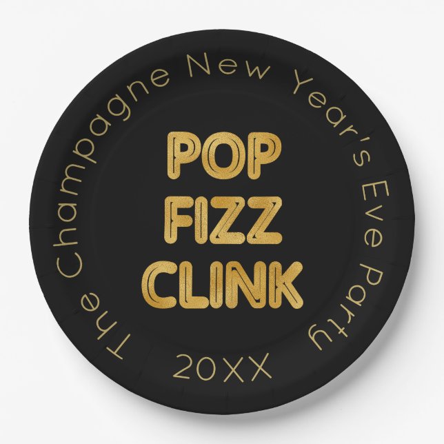 Pop Fizz Clink Moderne Typografie Neujahr Pappteller (Vorderseite)