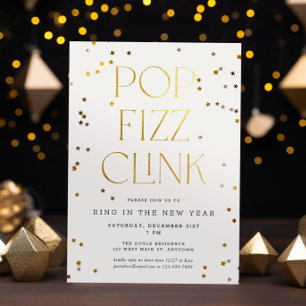 Pop Fizz Clink White Gold Confetti Neujahr Einladung