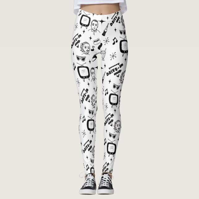 Pop in Schwarz und Weiß Nostalgisch Leggings (Vorderseite)