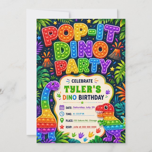 Pop It Dinosaur Geburtstagsfeier Einladung (Vorderseite)