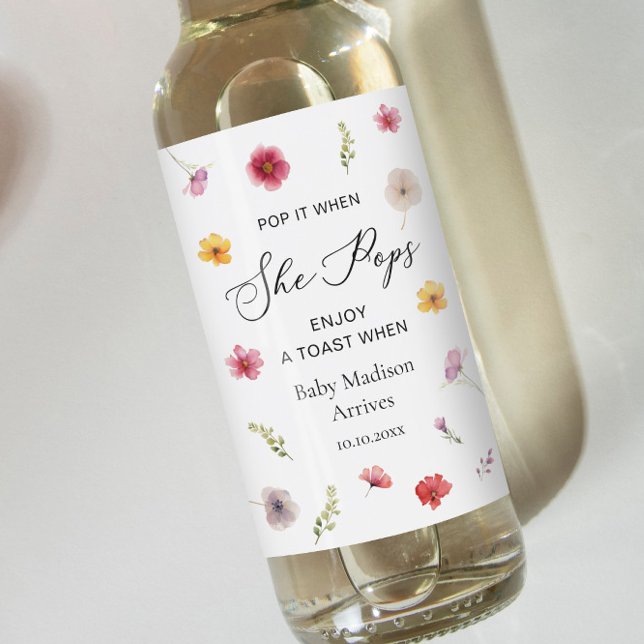 Pop It Wildblume Baby Dusche Champagner Weinetikett (Von Creator hochgeladen)